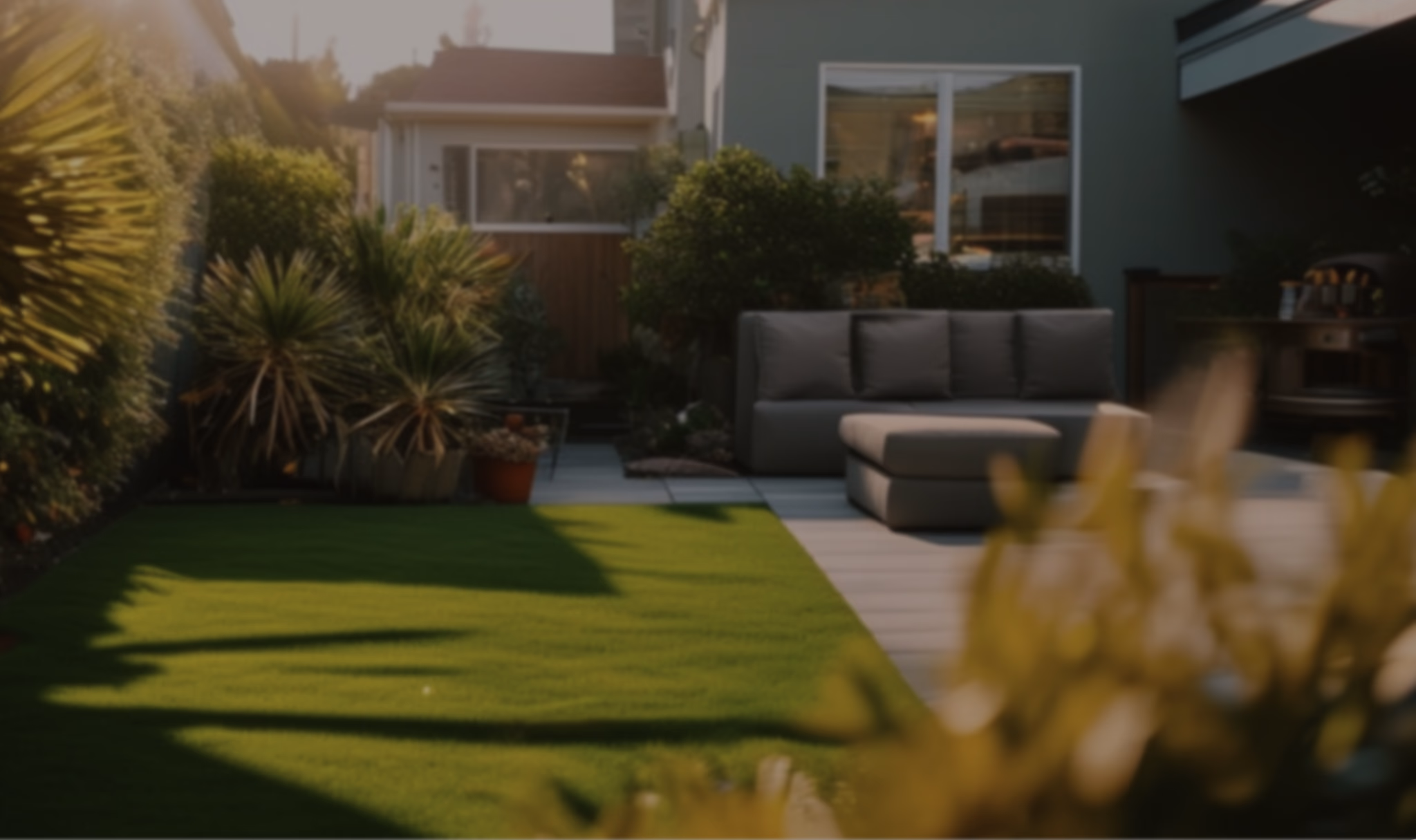 A landscaped green backyard in warm evening light
