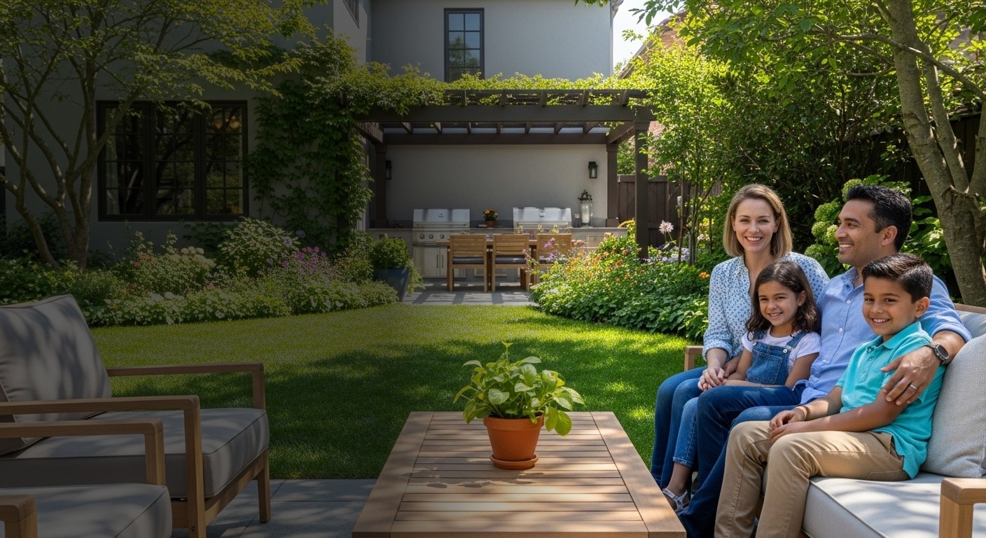 A family enjoying a professionally designed backyard